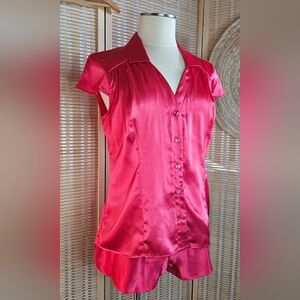 Red Satin Buttondown Pajama Sweet Bow Shorts Set Y2K Era Victoria's Secret